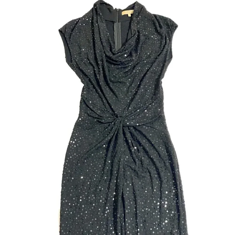 Michael Kors Black Sequin Mermaid Gown Evening Dress Front Twist SZ 4 New
